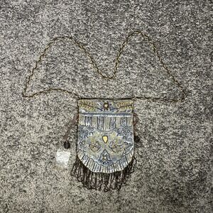 Blue Brown Gold Beaded Crossbody Satchel Purse Boho Extra Beads Drawstring Snap